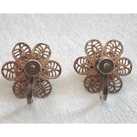 Mexico Sterling Earrings Vintage Flower Filagree Screw Back - Picture 6 of 11